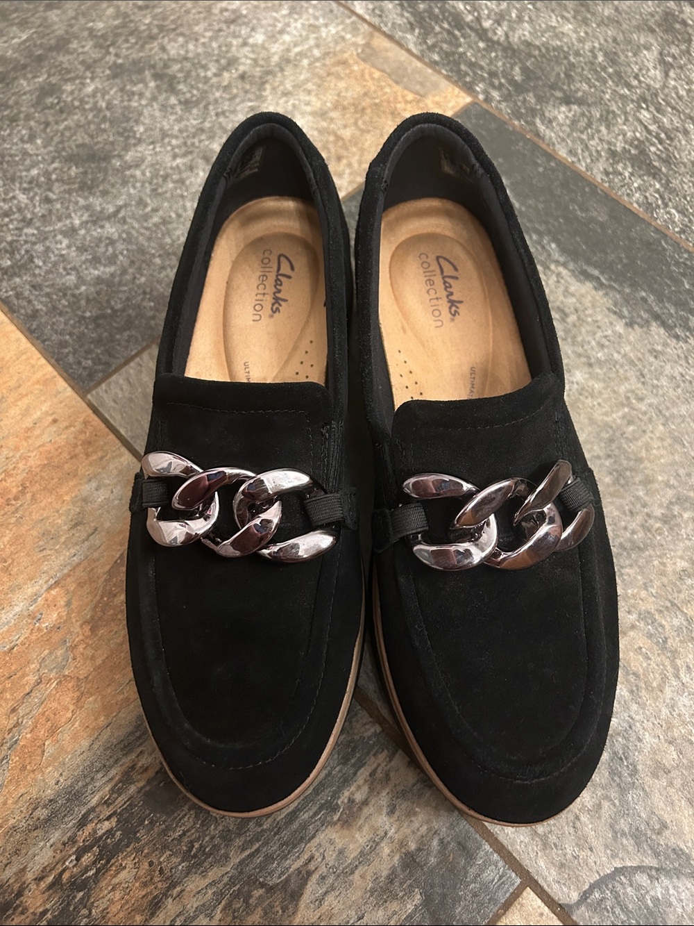 Clarks Men’s Black Suede Loafers with Silver Chain Accent